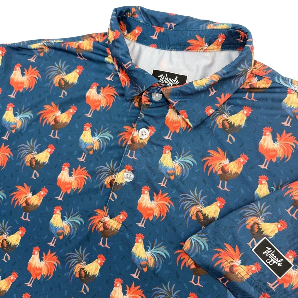 Waggle Polo Shirt Mens L Blue Rooster Print Stretch Performance Short Sleeve 44"